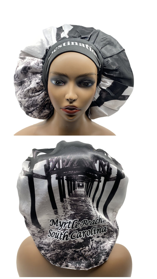 Myrtle Beach, South Carolina Satin Reversible Hair Bonnet Cap, Wide Edge